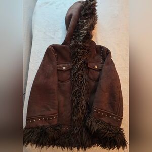 Brown Faux-Suede Hooded Jacket with Faux-Fur Trim
